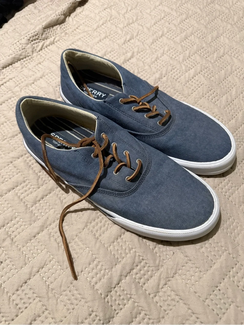 Sperry Men's Navy Top Sider Canvas Boat Shoes with Brown Laces